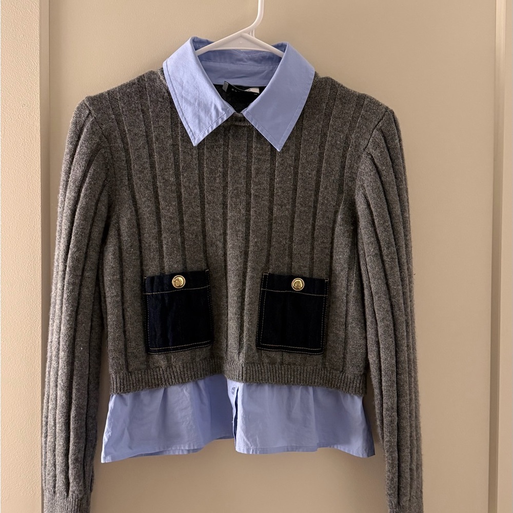 Sandro Gray Sweater with Blue and Black Accents